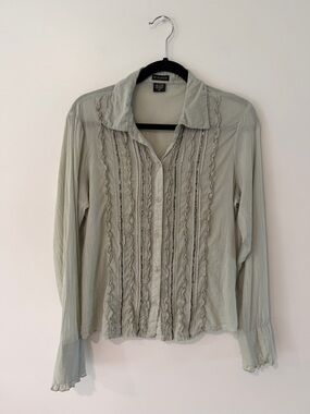 FANG 100% Cotton 90s Vintage Boho Indie Ruffle Beaded Button Down Blouse Women M